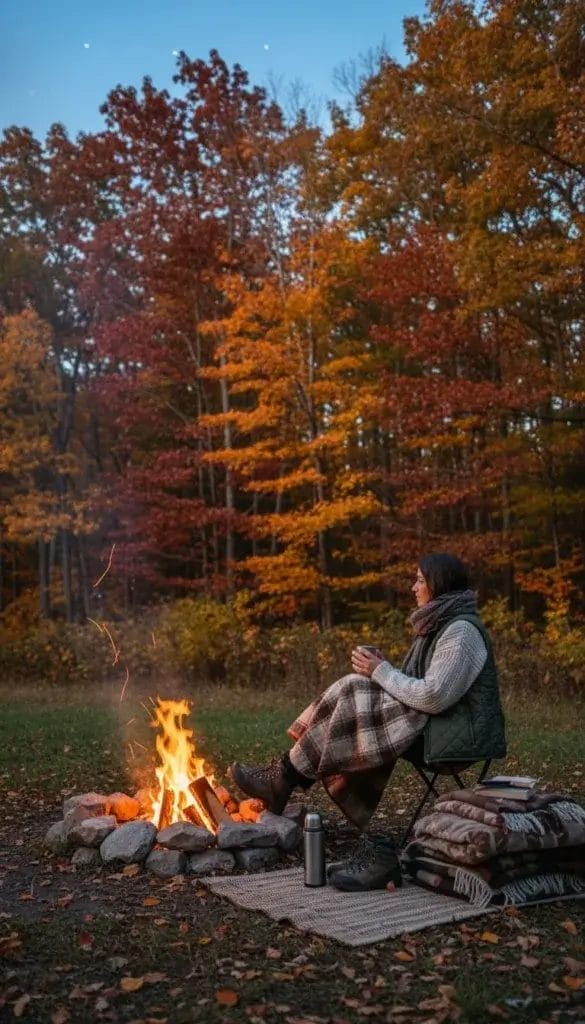 A person wearing warm layered clothing sits by a campfire outdoors with blankets nearby and autumn trees in the background.