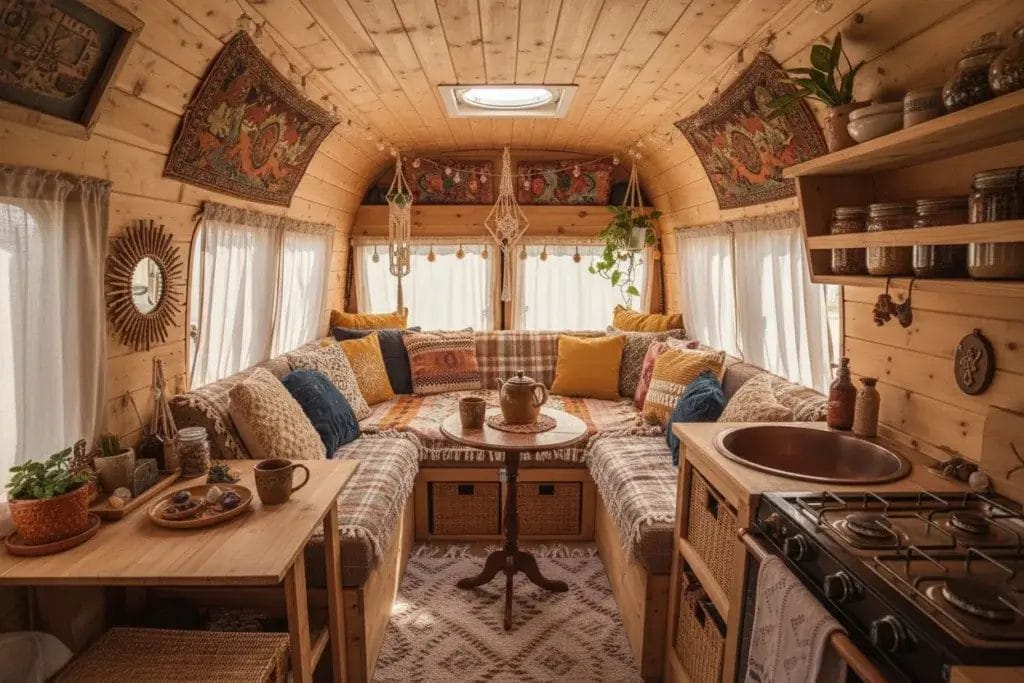 Cozy boho camping interior with warm textiles and plants.