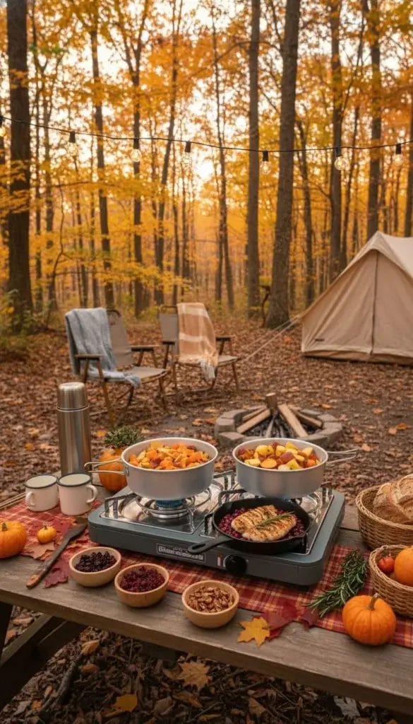 People enjoying a Thanksgiving meal outdoors at a picnic table in a forest with tents and a campfire nearby.