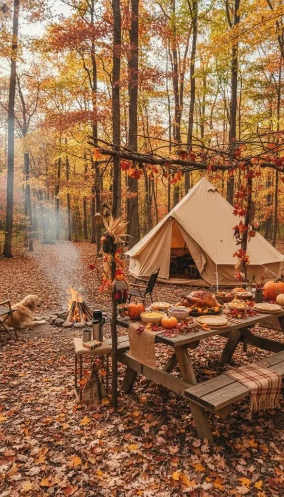 A Thanksgiving campsite with a tent, campfire, picnic table with turkey and autumn decorations, surrounded by colorful fall leaves and trees.