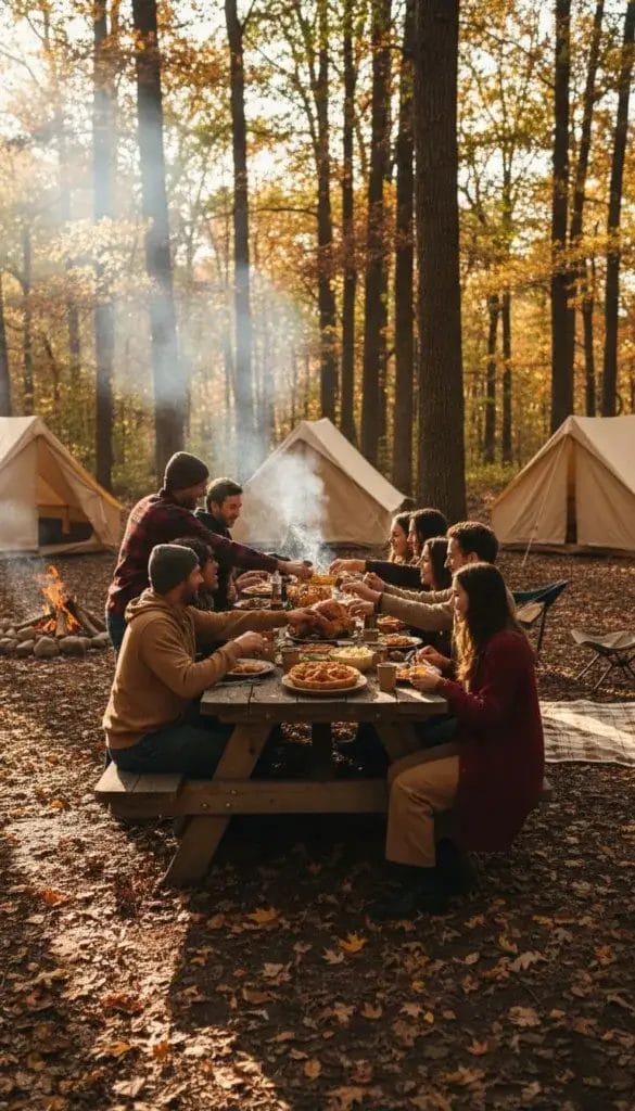 People enjoying a Thanksgiving meal outdoors at a picnic table in a forest with tents and a campfire nearby.