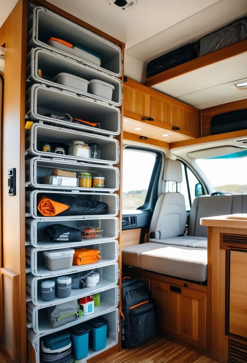 Campervan interior with modular storage bins stacked vertically, neatly organizing travel essentials.