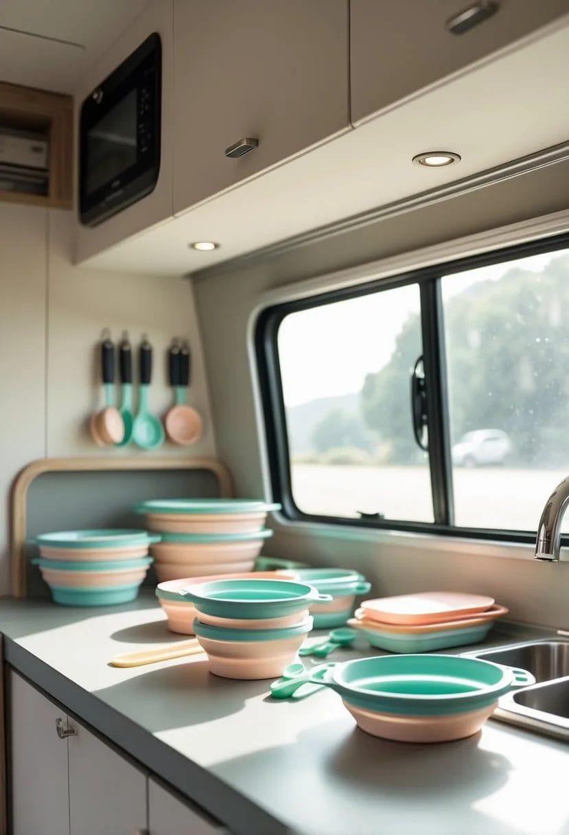 Interior of a campervan kitchen with collapsible kitchenware arranged on a compact countertop.