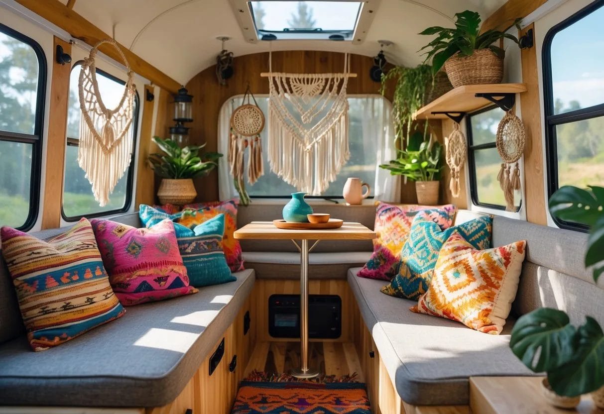 Interior of a small camper with colorful cushions, plants, wooden furniture, and decorative items arranged neatly in a cozy space.