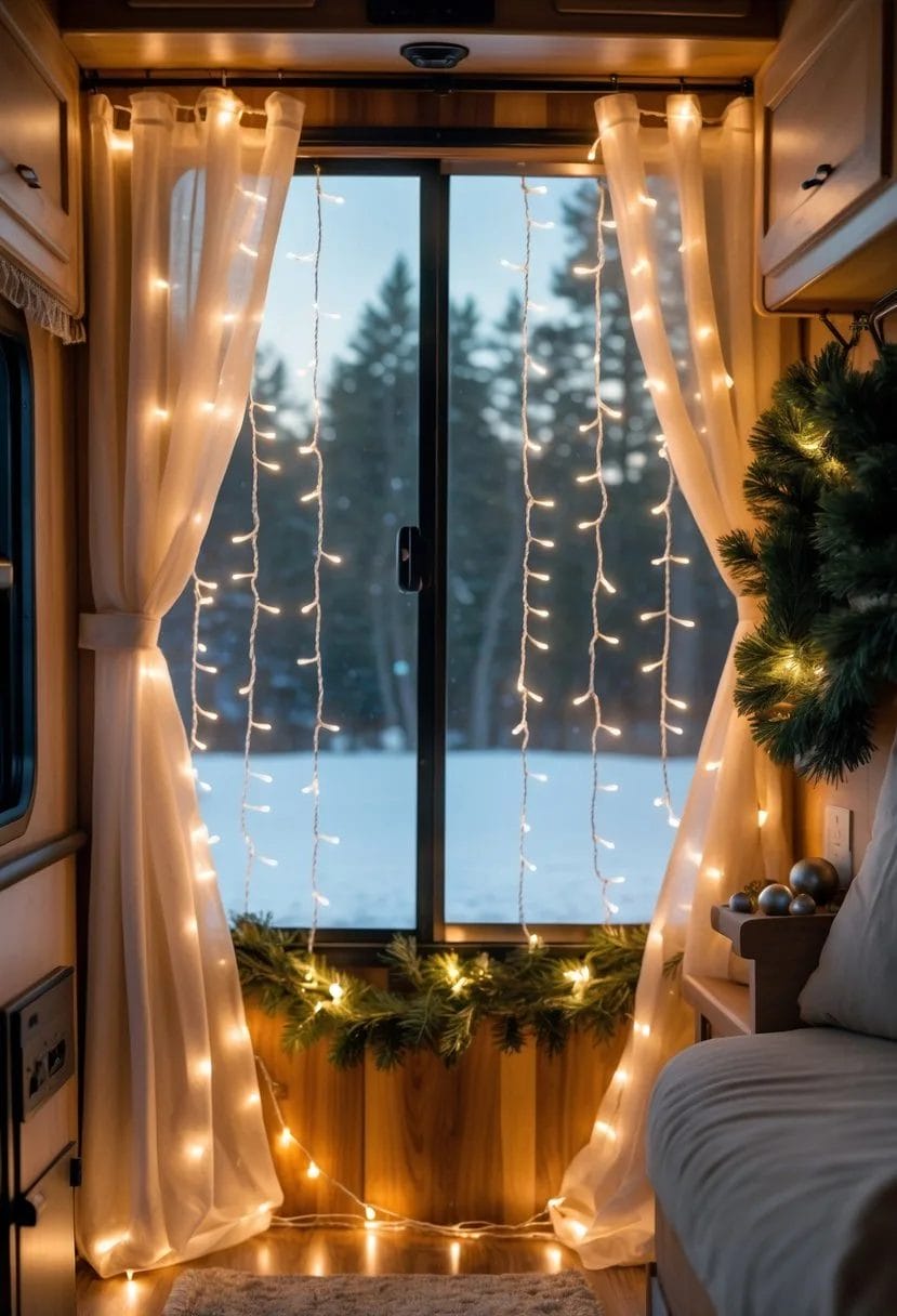 An RV window decorated with warm white curtain fairy lights and holiday decorations, showing a snowy winter scene outside.