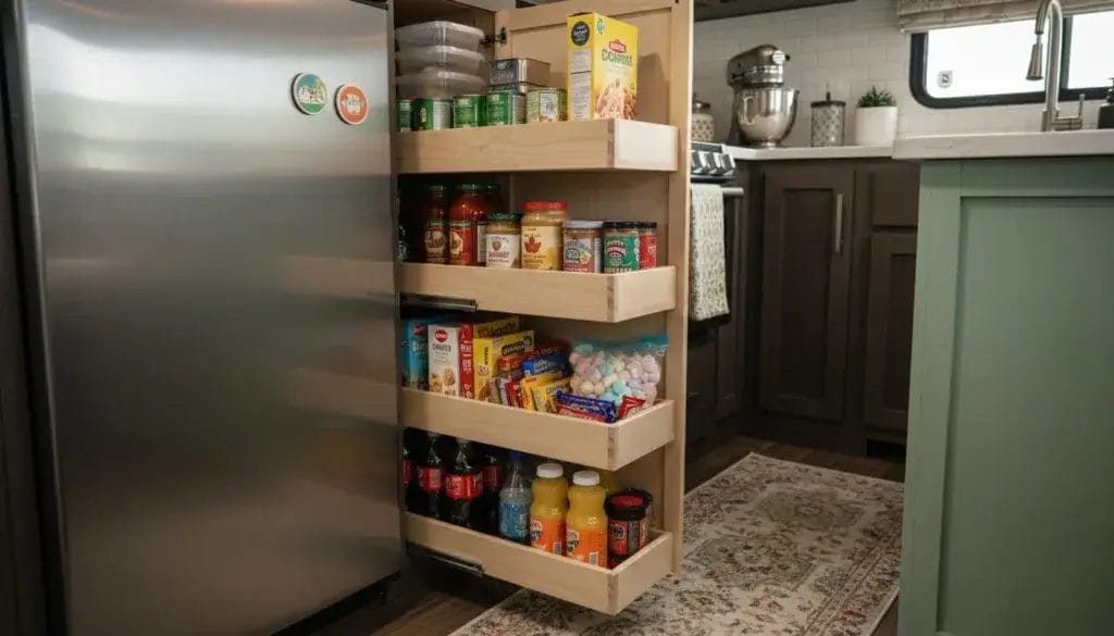 An organized RV pantry with shelves holding food containers and storage bins inside a compact RV kitchen.