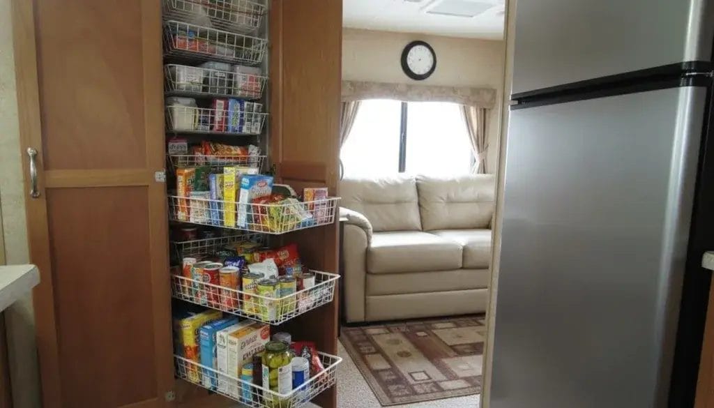 Interior of an RV kitchen showing a neatly organized pantry with shelves holding clear containers, jars, canned goods, and fresh produce.