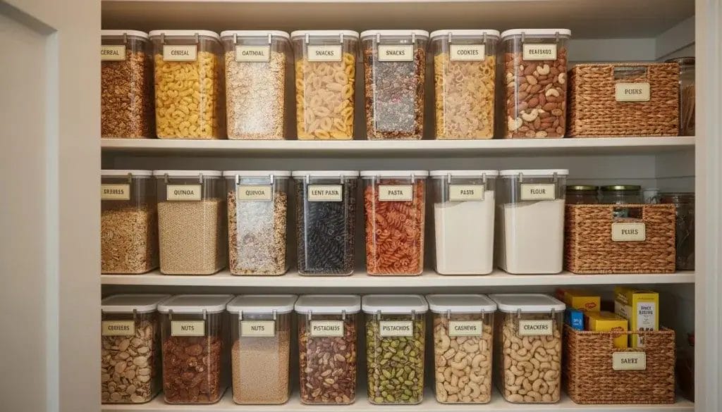 An organized RV pantry with shelves holding food containers and storage bins inside a compact RV kitchen.